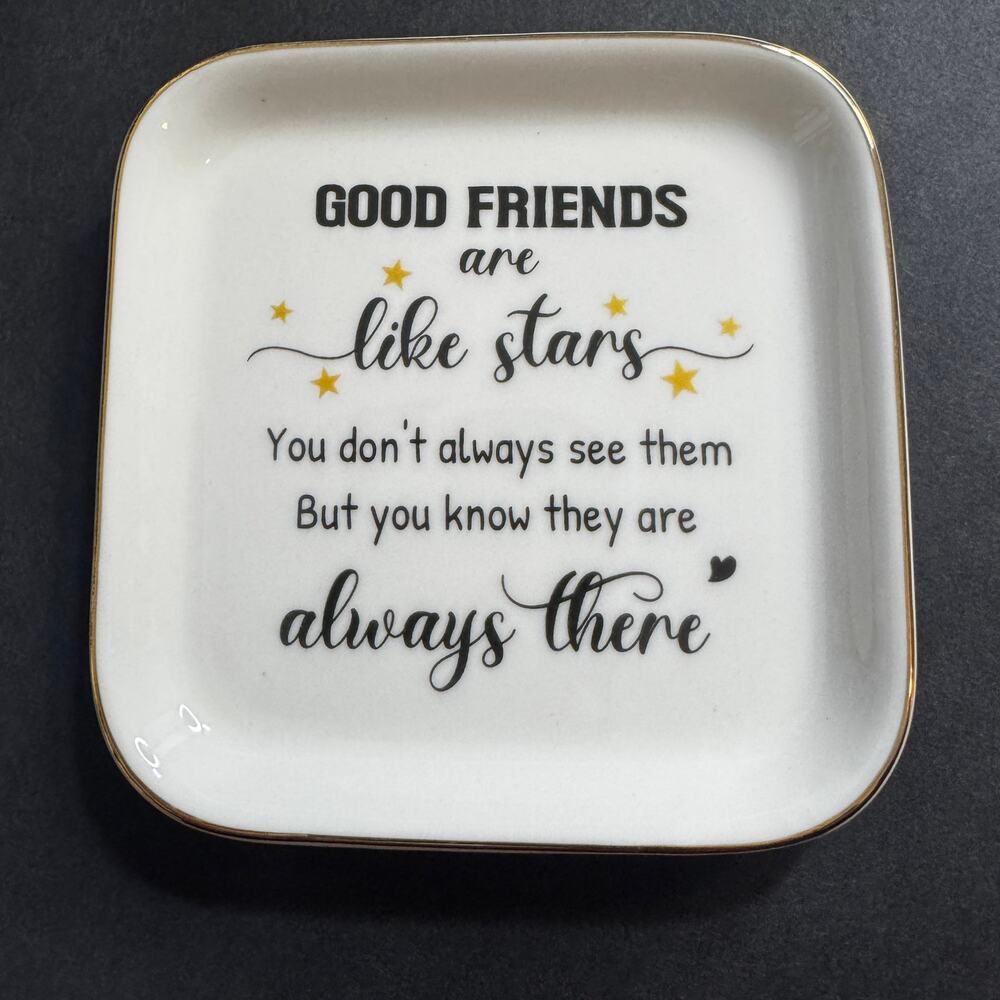 “Good Friends” Ceramic Jewelry Ring Tray Trinket Dish Best Gift Square Gold Trim